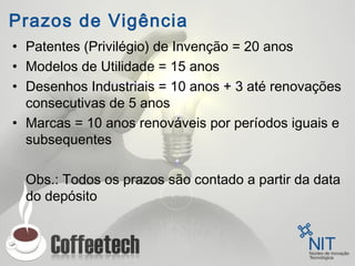 Prazos de Vigência
• Patentes (Privilégio) de Invenção = 20 anos
• Modelos de Utilidade = 15 anos
• Desenhos Industriais = 10 anos + 3 até renovações
consecutivas de 5 anos
• Marcas = 10 anos renováveis por períodos iguais e
subsequentes
Obs.: Todos os prazos são contado a partir da data
do depósito
 