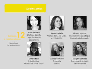 Quem Somos




             12
                         Gabi Gasparin              Sammia Vilela               Liliane Sartorio
                        Chefe de Cozinha
    Editoras             e professora de
                                                Analista de Social Mídia   Planejamento estratégico
e colaboradoras                                      e CEO do CSG           E consultoria financeira
                          gastronomia
    Especialistas
  Em seus assuntos




                           Erika Estato             Anna De Franco             Márjore Campos
                          Publicitária e              Fotografa              Corretora de imóveis
                     Analista de Social Mídia          e artesã                 e Nutricionista
                                                                                              3
 