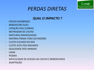 PERDAS DIRETAS
                      QUAL O IMPACTO ?
-   COCHO QUEBRADO
-   BEBEDOURO SUJO
-   LOTAÇÃO DOS CURRAIS
-   METRAGEM DE COCHO
-   MISTURAS INADEQUADAS
-   MATÉRIA PRIMA FORA DO PADRÃO
-   CUSTO ELEVADO DO BOI
-   CUSTO ALTO DOS INSUMOS
-   QUALIDADE DOS ANIMAIS
-   LAMA
-   POEIRA
-   DIFICULDADE DE ACESSO AO COCHO E BEBEDOUROS
-   ADAPTAÇÃO
 