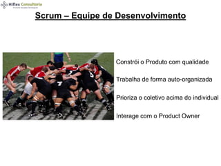 Constrói o Produto com qualidade
Trabalha de forma auto-organizada
Prioriza o coletivo acima do individual
Scrum – Equipe de Desenvolvimento
Interage com o Product Owner
 