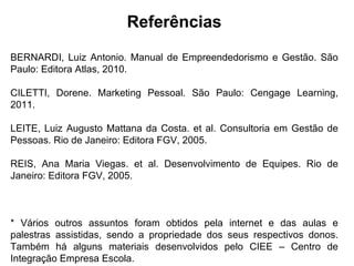 Referências
BERNARDI, Luiz Antonio. Manual de Empreendedorismo e Gestão. São
Paulo: Editora Atlas, 2010.

CILETTI, Dorene. Marketing Pessoal. São Paulo: Cengage Learning,
2011.

LEITE, Luiz Augusto Mattana da Costa. et al. Consultoria em Gestão de
Pessoas. Rio de Janeiro: Editora FGV, 2005.

REIS, Ana Maria Viegas. et al. Desenvolvimento de Equipes. Rio de
Janeiro: Editora FGV, 2005.



* Vários outros assuntos foram obtidos pela internet e das aulas e
palestras assistidas, sendo a propriedade dos seus respectivos donos.
Também há alguns materiais desenvolvidos pelo CIEE – Centro de
Integração Empresa Escola.
 