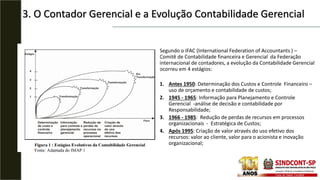 Segundo o IFAC (International Federation of Accountants ) –
Comitê de Contabilidade financeira e Gerencial da Federação
internacional de contadores, a evolução da Contabilidade Gerencial
ocorreu em 4 estágios:
1. Antes 1950: Determinação dos Custos e Controle Financeiro –
uso de orçamento e contabilidade de custos;
2. 1945 - 1965: Informação para Planejamento e Controle
Gerencial -análise de decisão e contabilidade por
Responsabilidade;
3. 1966 - 1985: Redução de perdas de recursos em processos
organizacionais - Estratégica de Custos;
4. Após 1995: Criação de valor através do uso efetivo dos
recursos: valor ao cliente, valor para o acionista e inovação
organizacional;
3. O Contador Gerencial e a Evolução Contabilidade Gerencial
 