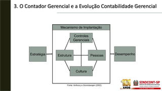 Mecanismo de Implantação
Estratégia Estrutura Pessoas
Cultura
Controles
Gerenciais
Desempenho
Fonte: Anthony e Govindarajan (2002).
3. O Contador Gerencial e a Evolução Contabilidade Gerencial
 