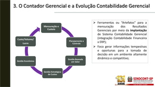 Mensuração e
Custeio
Planejamento e
Controle
Gestão Baseada
em Valor
Gestão Estratégica
de Custos
Gestão Econômica
Custo/Volume/
Lucro
 Ferramentas ou “Artefatos” para a
mensuração dos Resultados
Gerenciais por meio da implantação
de Sistema Contabilidade Gerencial
(integração Contabilidade Financeira
x ERP);
 Foco gerar informações tempestivas
e oportunas para a tomada de
decisão em um ambiente altamente
dinâmico e competitivo;
3. O Contador Gerencial e a Evolução Contabilidade Gerencial
 