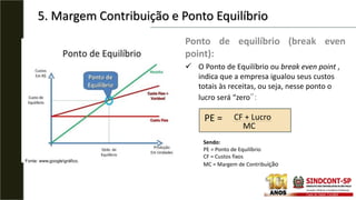 5. Margem Contribuição e Ponto Equilíbrio
Ponto de equilíbrio (break even
point):
 O Ponto de Equilíbrio ou break even point ,
indica que a empresa igualou seus custos
totais às receitas, ou seja, nesse ponto o
lucro será “zero”:
Sendo:
PE = Ponto de Equilíbrio
CF = Custos fixos
MC = Margem de Contribuição
PE = CF + Lucro
MC
Fonte: www.googlegráfico.
 