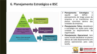 6. Planejamento Estratégico e BSC
 Planejamento Estratégico é
aquele que define o
planejamento de longo prazo da
empresa e se transforma em
planos concretos dentro das
unidades da empresa;
 Planejamento Tático: desdobram
a estratégia em ações para cada
unidade ou departamento da
organização.
 Planejamento Operacional: tem
como missão desdobrar os planos
táticos de cada departamento em
planos operacionais para cada
tarefa;
 