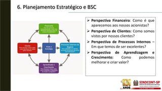 6. Planejamento Estratégico e BSC
 Perspectiva Financeira: Como é que
aparecemos aos nossos acionistas?
 Perspectiva de Clientes: Como somos
vistos por nossos clientes?
 Perspectiva de Processos Internos –
Em que temos de ser excelentes?
 Perspectiva de Aprendizagem e
Crescimento: Como podemos
melhorar e criar valor?
 