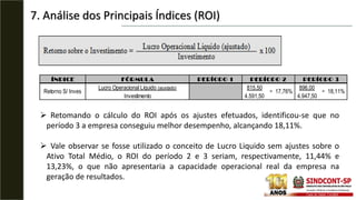 7. Análise dos Principais Índices (ROI)
ÍNDICE
815,50 896,00
4.591,50 4.947,50
Lucro Operacional Líquido (ajustado)
Investimento
FÓRMULA PERÍODO 1 PERÍODO 2 PERÍODO 3
Retorno S/ Inves = 17,76% = 18,11%
 Retomando o cálculo do ROI após os ajustes efetuados, identificou-se que no
período 3 a empresa conseguiu melhor desempenho, alcançando 18,11%.
 Vale observar se fosse utilizado o conceito de Lucro Liquido sem ajustes sobre o
Ativo Total Médio, o ROI do período 2 e 3 seriam, respectivamente, 11,44% e
13,23%, o que não apresentaria a capacidade operacional real da empresa na
geração de resultados.
 
