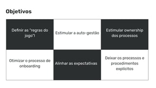 Objetivos
Deﬁnir as “regras do
jogo”!
Estimular a auto-gestão
Estimular ownership
dos processos
Otimizar o processo de
onboarding
Alinhar as expectativas
Deixar os processos e
procedimentos
explícitos
 