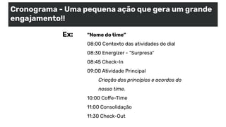 Cronograma - Uma pequena ação que gera um grande
engajamento!!
Ex: “Nome do time”
08:00 Contexto das atividades do dia!
08:30 Energizer - “Surpresa”
08:45 Check-In
09:00 Atividade Principal
Criação dos princípios e acordos do
nosso time.
10:00 Coffe-Time
11:00 Consolidação
11:30 Check-Out
 