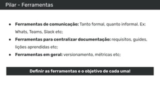 Pilar - Ferramentas
● Ferramentas de comunicação: Tanto formal, quanto informal. Ex:
Whats, Teams, Slack etc;
● Ferramentas para centralizar documentação: requisitos, guides,
lições aprendidas etc;
● Ferramentas em geral: versionamento, métricas etc;
Deﬁnir as ferramentas e o objetivo de cada uma!
 