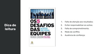 Dica de
leitura
1. Falta de atenção aos resultados;
2. Evitar responsabilizar as outras;
3. Falta de comprometimento;
4. Medo de conﬂito;
5. Ausência de conﬁança;
 