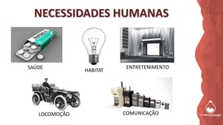 NECESSIDADES HUMANAS
SAÚDE
HABITAT
ENTRETENIMENTO
LOCOMOÇÃO COMUNICAÇÃO
 