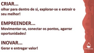CRIAR...
olhar para dentro de si, explorar-se e extrair o
seu melhor!
EMPREENDER...
Movimentar-se, conectar os pontos, agarrar
oportunidades!
INOVAR...
Gerar e entregar valor!
 