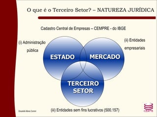 Cadastro Central de Empresas – CEMPRE - do IBGE (i) Administração pública (ii) Entidades empresariais (iii) Entidades sem fins lucrativos (500.157) O que é o Terceiro Setor? – NATUREZA JURÍDICA TERCEIRO SETOR MERCADO ESTADO 