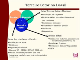 Terceiro Setor no Brasil Mercado Terceiro Setor Estado Entre Terceiro Setor e Mercado: Fundações de Empresas Projetos sociais operados diretamente por empresas Câmaras de comércio Entidades de benefício privado Sindicatos Cooperativas Entre Terceiro Setor e Estado: Fundações de Apoio Sindicatos Organizações Sociais Sistema “S” - SENAI, SENAC, SESI, etc.  Outras entidades privadas, sem fins lucrativos, estabelecidas pelo poder público Terceiro Setor: Associações  culturais ,educacionais assistenciais,esportivas, etc. Fundações Privadas Movimentos Sociais Organizados ONGs 