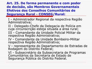 Art. 25. De forma permanente e com poder de decisão, são Membros Governamentais Efetivos dos Conselhos Comunitários de Segurança Rural - CONSEG/Rural: I - Administrador Regional da respectiva Região Administrativa; II - Delegado-Chefe da Delegacia de Polícia em cuja circunscrição esteja situada a área rural; III - Comandante da Unidade Policial Militar da respectiva Região Administrativa; IV - Comandante da Unidade Bombeiro-Militar respectiva Região Administrativa; V - representante do Departamento de Estradas de Rodagem do Distrito Federal; VI - Subsecretário da Subsecretaria de Programas Comunitários da Secretaria de Estado de Segurança Pública do Distrito Federal. 