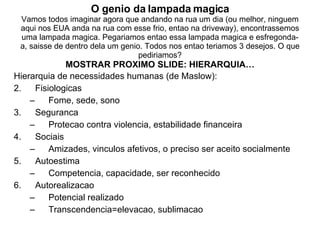 O genio da lampada magica Vamos todos imaginar agora que andando na rua um dia (ou melhor, ninguem aqui nos EUA anda na rua com esse frio, entao na driveway), encontrassemos uma lampada magica. Pegariamos entao essa lampada magica e esfregonda-a, saisse de dentro dela um genio. Todos nos entao teriamos 3 desejos. O que pediriamos? MOSTRAR PROXIMO SLIDE: HIERARQUIA… Hierarquia de necessidades humanas (de Maslow): Fisiologicas Fome, sede, sono Seguranca Protecao contra violencia, estabilidade financeira Sociais Amizades, vinculos afetivos, o preciso ser aceito socialmente Autoestima Competencia, capacidade, ser reconhecido Autorealizacao Potencial realizado Transcendencia=elevacao, sublimacao 