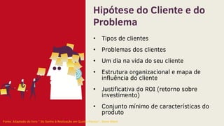 Hipótese do Cliente e do
Problema
• Tipos de clientes
• Problemas dos clientes
• Um dia na vida do seu cliente
• Estrutura organizacional e mapa de
influência do cliente
• Justificativa do ROI (retorno sobre
investimento)
• Conjunto mínimo de características do
produto
Fonte: Adaptado do livro ” Do Sonho à Realização em Quatro Passos”, Steve Blank
 