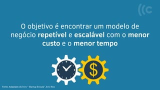 O objetivo é encontrar um modelo de
negócio repetível e escalável com o menor
custo e o menor tempo
Fonte: Adaptado do livro ” Startup Enxuta”, Eric Ries
 