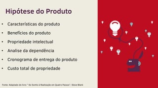 Hipótese do Produto
• Características do produto
• Benefícios do produto
• Propriedade intelectual
• Analise da dependência
• Cronograma de entrega do produto
• Custo total de propriedade
Fonte: Adaptado do livro ” Do Sonho à Realização em Quatro Passos”, Steve Blank
 