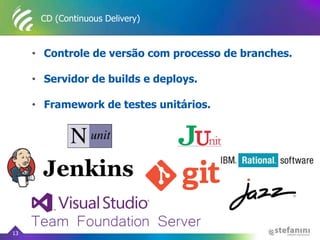 CD (Continuous Delivery)
• Controle de versão com processo de branches.
• Servidor de builds e deploys.
• Framework de testes unitários.
13
 