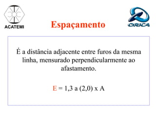 ACATEMI Espaçamento
É a distância adjacente entre furos da mesma
linha, mensurado perpendicularmente ao
afastamento.
E = 1,3 a (2,0) x A
 