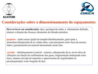 Considerações sobre o dimensionamento do espaçamento:
Deve-se levar em consideração: tipo e geologia da rocha, o afastamento definido,
número e direção das fissuras, dimensões do britador primário.
pequeno – pode causar ejeção do tampão/ultralançamento, gases para a
atmosfera/sobrepressão de ar, ruídos altos, corte prematuro entre furos da mesma
linha e granulometria do material desmontado muito fina.
grande – ultralançamento (vertical - cratera), sobrepressão de ar, níveis altos de
vibrações em função do confinamento dos gases, fragmentação inadequada entre
furos, número elevado de matacões e aparecimento de iregularidade no
piso/praça(repé), corte irregular da face.
ACATEMI
 