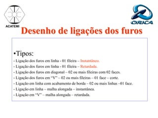 Desenho de ligações dos furos
•Tipos:
- Ligação dos furos em linha - 01 fileira – Instantâneo.
- Ligação dos furos em linha - 01 fileira – Retardada.
- Ligação dos furos em diagonal – 02 ou mais fileiras com 02 faces.
- Ligação dos furos em “V” – 02 ou mais fileiras – 01 face – corte.
- Ligação em linha com acabamento de borda – 02 ou mais linhas –01 face.
- Ligação em linha – malha alongada – instantânea.
- Ligação em “V” – malha alongada – retardada.
ACATEMI
 