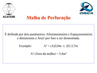 É definida por dois parâmetros: Afastamento(m) e Espaçamento(m)
e dimensiona a Área² por furo a ser desmontada.
Exemplo: A² = (A)2,0m x (E) 2,7m
A² (Área da malha) = 5,4m²
ACATEMI
Malha de Perfuração
 