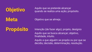 Objetivo Aquilo que se pretende alcançar
quando se realiza uma ação; propósito.
Meta Objetivo que se almeja.
Propósito Intenção (de fazer algo); projeto, desígnio
Aquilo que se busca alcançar; objetivo,
finalidade, intuito.
Aquilo a que alguém se propôs ou por que se
decidiu; decisão, determinação, resolução.
 