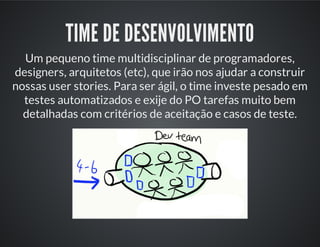 TIME DE DESENVOLVIMENTO
Um pequeno time multidisciplinar de programadores,
designers, arquitetos (etc), que irão nos ajudar a construir
nossas user stories. Para ser ágil, o time investe pesado em
testes automatizados e exije do PO tarefas muito bem
detalhadas com critérios de aceitação e casos de teste.
 