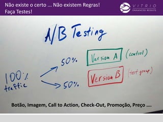 Botão, Imagem, Call to Action, Check-Out, Promoção, Preço ….
Não existe o certo ... Não existem Regras!
Faça Testes!
 