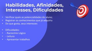 • Verificar quais as potencialidades do aluno;
• Registrar os conhecimentos que já adquiriu
• Do que gosta, seus interesses
• Dificuldades:
• - Raciocínio Lógico
• - Leitura
• - Apresentar trabalhos
 