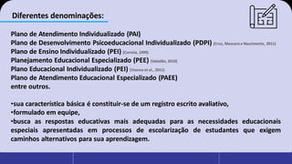 Diferentes denominações:
Plano de Atendimento Individualizado (PAI)
Plano de Desenvolvimento Psicoeducacional Individualizado (PDPI) (Cruz, Mascaro e Nascimento, 2011)
Plano de Ensino Individualizado (PEI) (Correia, 1999)
Planejamento Educacional Especializado (PEE) (Valadão, 2010)
Plano Educacional Individualizado (PEI) (Vianna et al., 2011)
Plano de Atendimento Educacional Especializado (PAEE)
entre outros.
•sua característica básica é constituir-se de um registro escrito avaliativo,
•formulado em equipe,
•busca as respostas educativas mais adequadas para as necessidades educacionais
especiais apresentadas em processos de escolarização de estudantes que exigem
caminhos alternativos para sua aprendizagem.
 