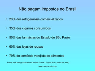 Não pagam impostos no Brasil 23% dos refrigerantes comercializados 35% dos cigarros consumidos 50% das farmácias do Estado de São Paulo 60% das lojas de roupas 79% do comércio varejista de alimentos Fonte: McKinsey (publicado na revista Exame / Edição 819 – junho de 2004) 