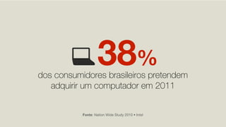 38%
dos consumidores brasileiros pretendem
   adquirir um computador em 2011


           Fonte: Nation Wide Study 2010 • Intel
 
