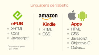 Linguagens de trabalho



    ePUB                         Kindle            Apps
    XHTML                        HTML              HTML
    CSS                          CSS               CSS
    Javascript*                                    Javascript
                                                   Objective-C
* Suporte oﬁcial apenas
 para ePUB3                                        Outras...
 