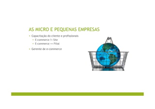 AS MICRO E PEQUENAS EMPRESAS
▪  Capacitação do cliente e profissionais
▪  E-commerce != Site
▪  E-commerce == Filial
▪  Gerente de e-commerce
 