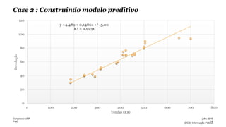 PwC
(DC0) Informação Pública
Case 2 : Construindo modelo preditivo
y =4,489 + 0,1486x +/- 5,00
R² = 0,9251
0
20
40
60
80
100
120
0 100 200 300 400 500 600 700 800
Devolução
Vendas (R$)
19
julho 2016Congresso USP
 