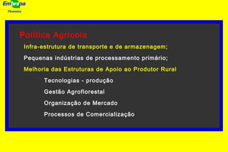 Florestas
Política Agrícola
Infra-estrutura de transporte e de armazenagem;
Pequenas indústrias de processamento primário;
Melhoria das Estruturas de Apoio ao Produtor Rural
Tecnologias - produção
Gestão Agroflorestal
Organização de Mercado
Processos de Comercialização
 