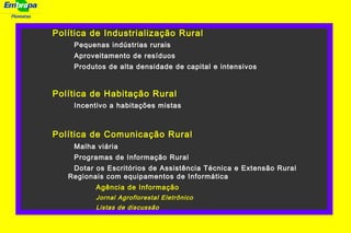 Florestas
Política de Industrialização Rural
Pequenas indústrias rurais
Aproveitamento de resíduos
Produtos de alta densidade de capital e intensivos
Política de Habitação Rural
Incentivo a habitações mistas
Política de Comunicação Rural
Malha viária
Programas de Informação Rural
Dotar os Escritórios de Assistência Técnica e Extensão Rural
Regionais com equipamentos de Informática
Agência de Informação
Jornal Agroflorestal Eletrônico
Listas de discussão
 
