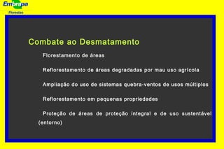 Florestas
Combate ao Desmatamento
Florestamento de áreas
Reflorestamento de áreas degradadas por mau uso agrícola
Ampliação do uso de sistemas quebra-ventos de usos múltiplos
Reflorestamento em pequenas propriedades
Proteção de áreas de proteção integral e de uso sustentável
(entorno)
 