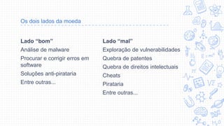 Os dois lados da moeda
Lado “bom”
Análise de malware
Procurar e corrigir erros em
software
Soluções anti-pirataria
Entre outras...
Lado “mal”
Exploração de vulnerabilidades
Quebra de patentes
Quebra de direitos intelectuais
Cheats
Pirataria
Entre outras...
 