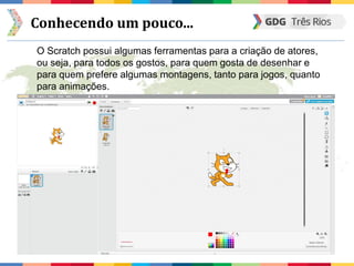 Conhecendo um pouco...
O Scratch possui algumas ferramentas para a criação de atores,
ou seja, para todos os gostos, para quem gosta de desenhar e
para quem prefere algumas montagens, tanto para jogos, quanto
para animações.
 
