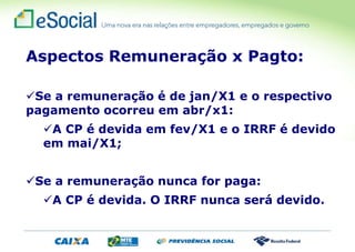 Aspectos Remuneração x Pagto:
Se a remuneração é de jan/X1 e o respectivo
pagamento ocorreu em abr/x1:
A CP é devida em fev/X1 e o IRRF é devido
em mai/X1;
Se a remuneração nunca for paga:
A CP é devida. O IRRF nunca será devido.
 