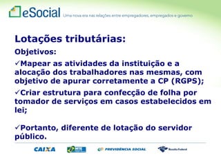 Lotações tributárias:
Objetivos:
Mapear as atividades da instituição e a
alocação dos trabalhadores nas mesmas, com
objetivo de apurar corretamente a CP (RGPS);
Criar estrutura para confecção de folha por
tomador de serviços em casos estabelecidos em
lei;
Portanto, diferente de lotação do servidor
público.
 