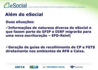 Duas situações:
Informações de natureza diversa do eSocial e
que fazem parte da GFIP e DIRF migrarão para
uma nova escrituração – EFD-Reinf;
Geração de guias de recolhimento de CP e FGTS
diretamente nos ambientes da RFB e Caixa.
Além do eSocial
 