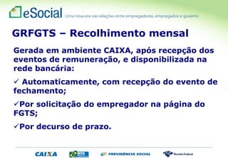 Gerada em ambiente CAIXA, após recepção dos
eventos de remuneração, e disponibilizada na
rede bancária:
 Automaticamente, com recepção do evento de
fechamento;
Por solicitação do empregador na página do
FGTS;
Por decurso de prazo.
GRFGTS – Recolhimento mensal
 