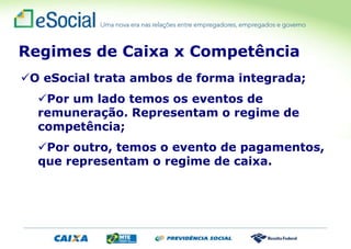 O eSocial trata ambos de forma integrada;
Por um lado temos os eventos de
remuneração. Representam o regime de
competência;
Por outro, temos o evento de pagamentos,
que representam o regime de caixa.
Regimes de Caixa x Competência
 